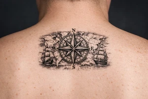 antique compass rose overlaid on weathered world map with sailing ships tattoo idea