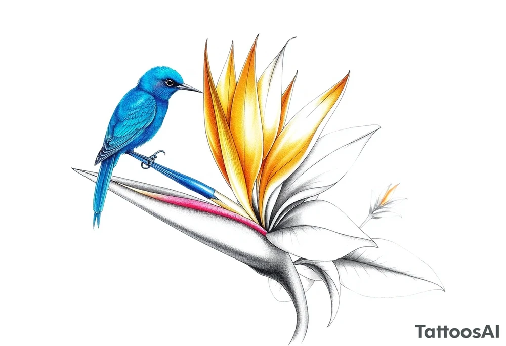Bird of paradise flower with blue bird tattoo idea