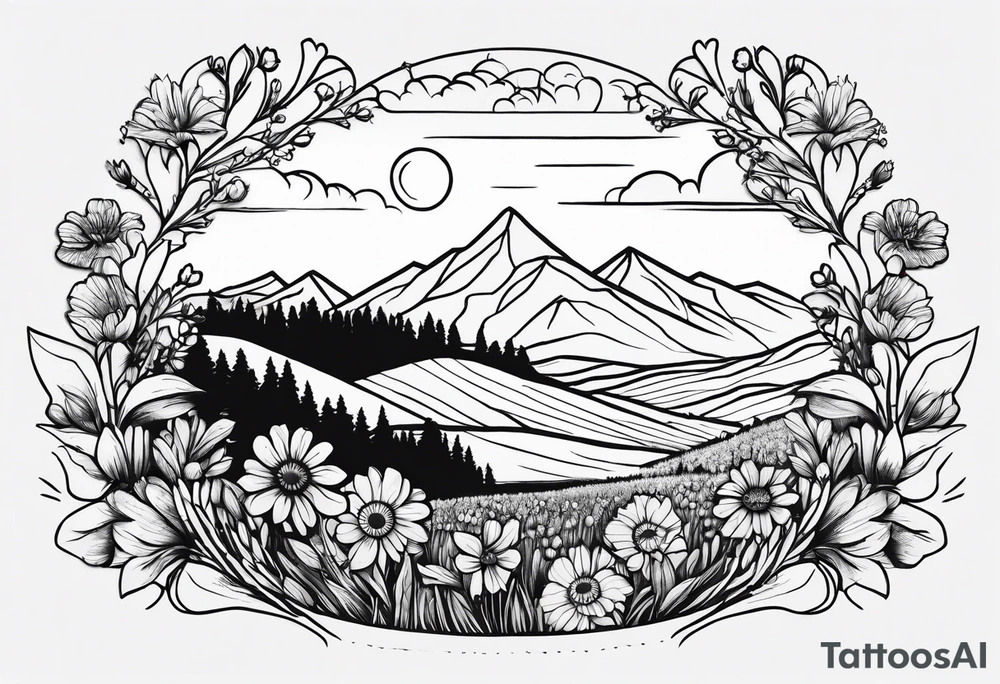 hills, wildflowers, sunshine, no trees, small on forearm, fine lines tattoo idea