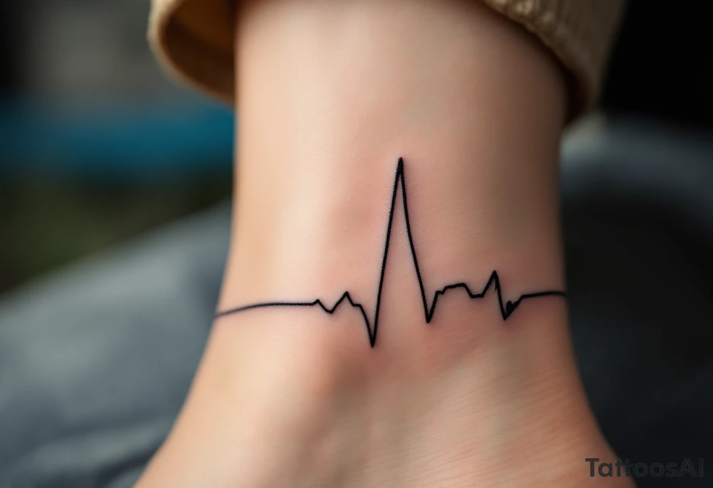 A subtle black EKG line wrapping around the ankle, punctuated by a small, blue heart. tattoo idea