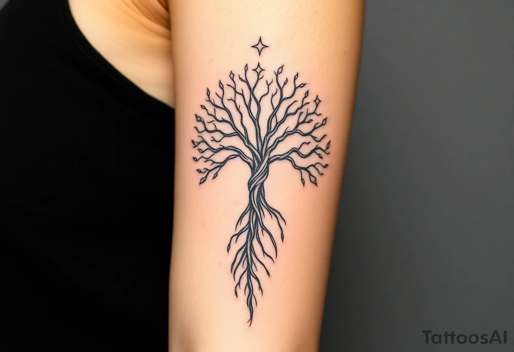 mystical tree of life with cosmic roots and celestial branches, stars tattoo idea