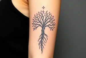 mystical tree of life with cosmic roots and celestial branches, stars tattoo idea