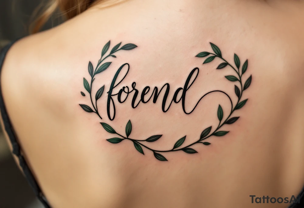 Elegant script in deep forest green, framed by a wreath of olive branches. tattoo idea