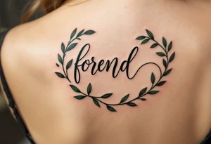 Elegant script in deep forest green, framed by a wreath of olive branches. tattoo idea