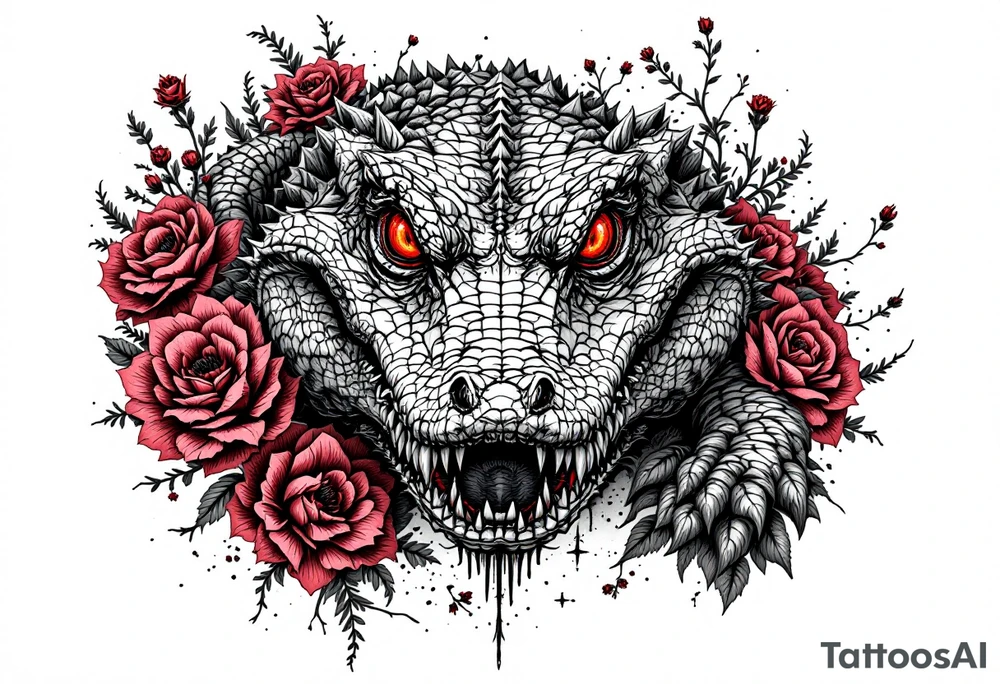 powerful and complete gator with red eyes, surrounded by red floral ornaments tattoo idea