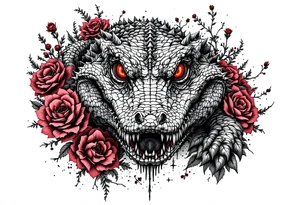 powerful and complete gator with red eyes, surrounded by red floral ornaments tattoo idea