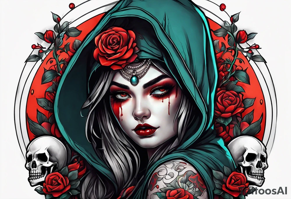 Bright bold Neo traditional tattoo scarred hooded woman with skulls and blood Holding a sphere tattoo idea