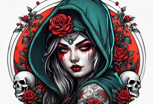 Bright bold Neo traditional tattoo scarred hooded woman with skulls and blood Holding a sphere tattoo idea