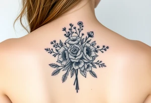 vintage bouquet of wild roses and meadow flowers with morning dew tattoo idea