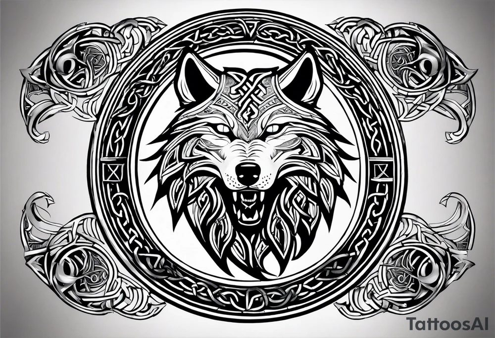 A powerful tattoo design combining Nordic, Greek, and Celtic symbols to represent someone who made you believe in humanity's goodness, only to turn out to be its ultimate betrayer. The centerpiece is a snarling wolf, symbolizing Fenrir, with glowing eyes and an open mouth, representing betrayal and destruction. Surrounding the wolf is the Ouroboros, a serpent eating its own tail, symbolizing the endless cycle of trust and betrayal. The Triskelion, with its three interlocking spirals, appears in the background or as a border, representing the shifting balance between light and dark. Incorporate fire and ice elements to reflect the contrast between warmth (trust) and coldness (betrayal), with Celtic knotwork and runes adding ancient, mystical depth to the design. tattoo idea