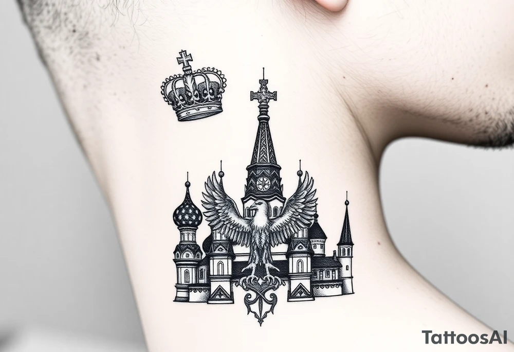 St. George 
3 russian imperial crowns above the Russian coat of arms double eagle
Russian sabre
The Kremlin or St. Basil's Cathedral scene 
on the side of my neck tattoo idea