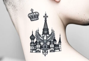 St. George 
3 russian imperial crowns above the Russian coat of arms double eagle
Russian sabre
The Kremlin or St. Basil's Cathedral scene 
on the side of my neck tattoo idea