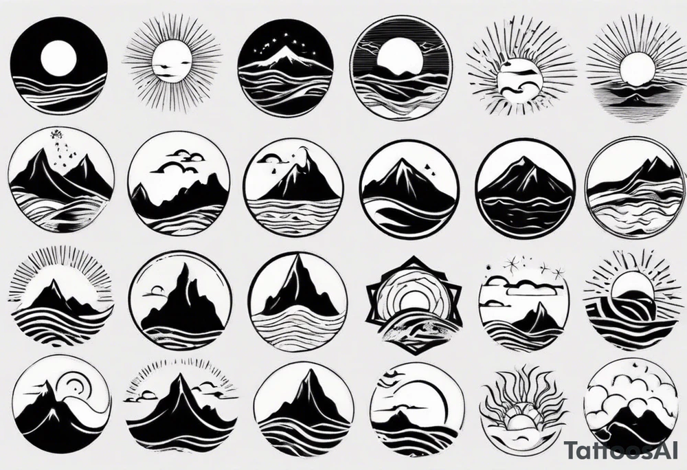 mountains, beach, waves, sun tattoo idea