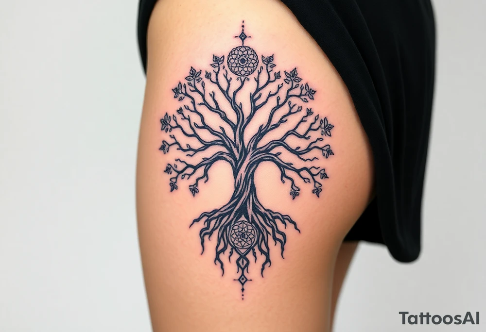 mystical tree of life with cosmic roots and celestial branches tattoo idea