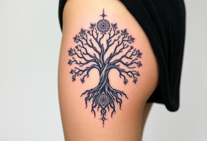 mystical tree of life with cosmic roots and celestial branches tattoo idea