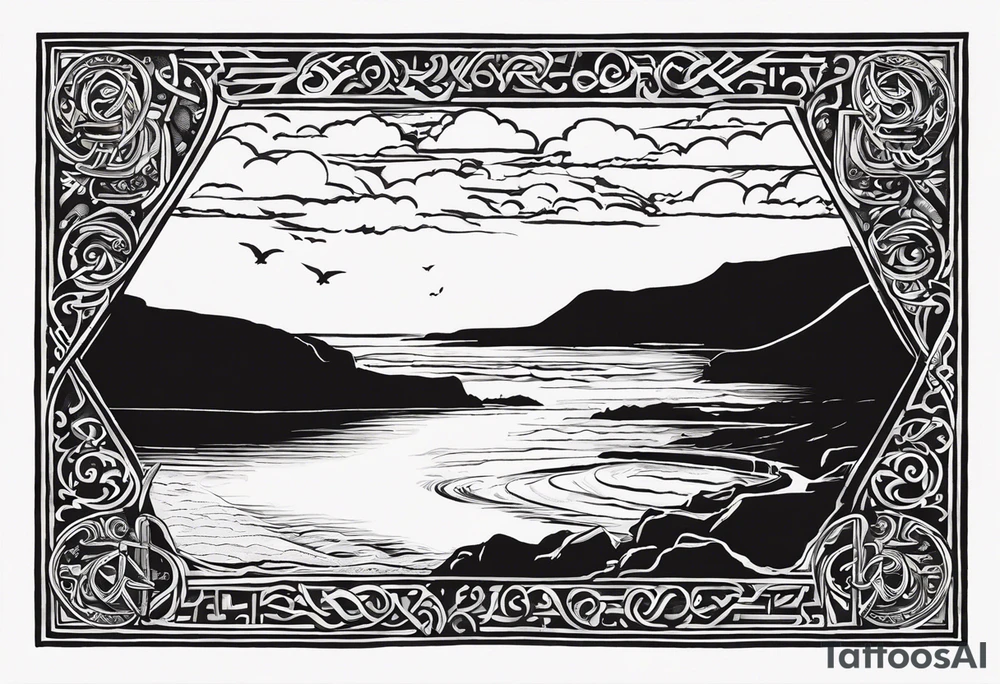 Design me a tattoo for an upper left arm half sleeve, with the script "Áit éigin taobh thall den farraige, áit éigin ag fanacht dom" and to be over a coast scene from the beach at warrenpoint in northern ireland. Make it in the style of Viking design incorporated into the design with a rune, but the text is a must tattoo idea