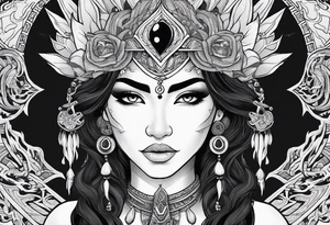 kali, valkrye, pirate, asian goddess, , warrior, native american, lotus, zenza resonance, skulls, dragon, pachamama, left side face, chest, right wing, tattoo idea