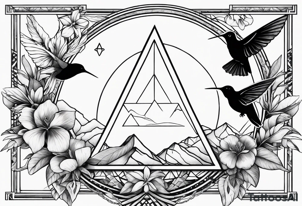 Line of symbols, double triangle, unclosed delta, crescent moon, hummingbird tattoo idea
