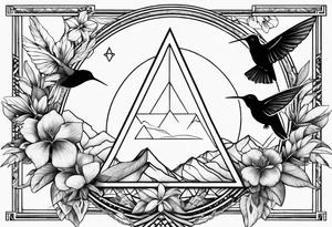 Line of symbols, double triangle, unclosed delta, crescent moon, hummingbird tattoo idea