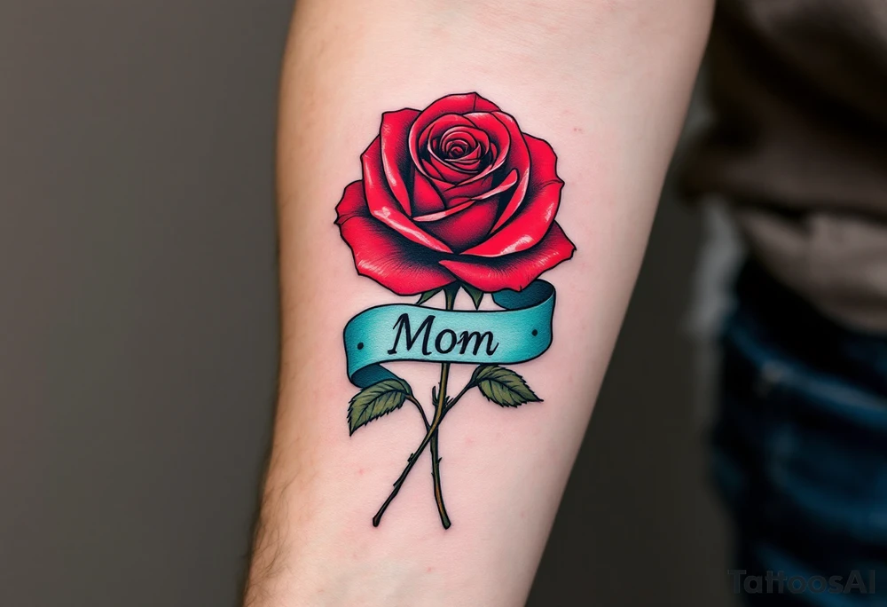 A red rose with a teal ribbon that wraps around with “Mom” in bold black ink. tattoo idea
