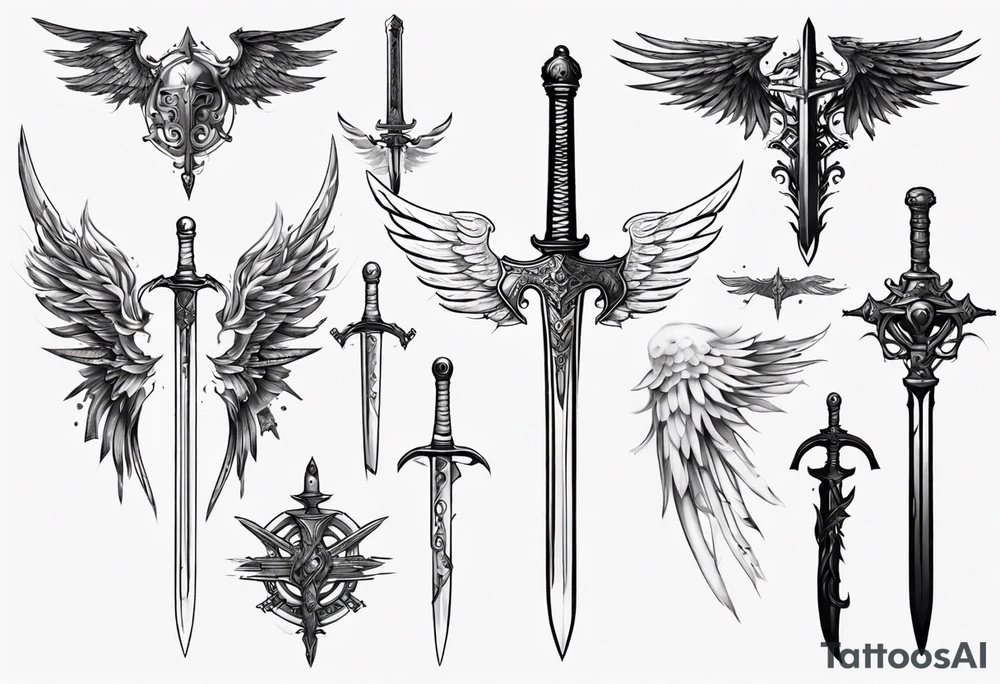 a sword with wings and markings around it tattoo idea