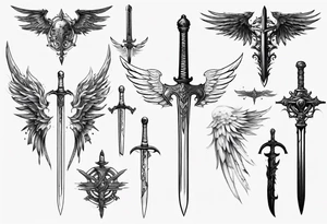 a sword with wings and markings around it tattoo idea
