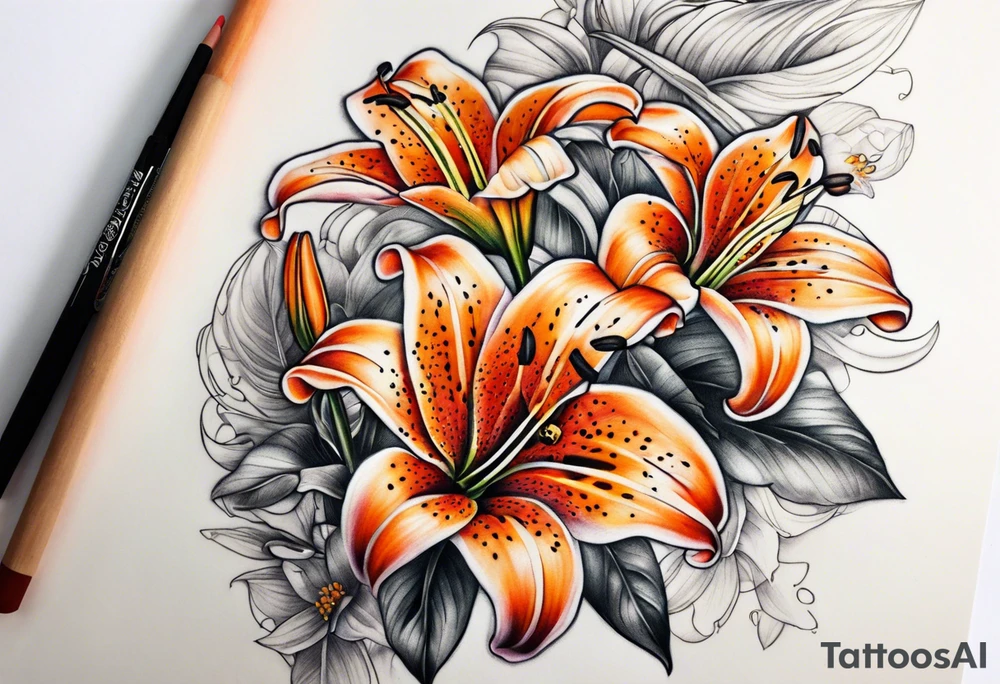 puffin tiger lily flowers vertical calf tattoo tattoo idea