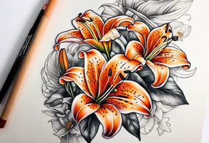 puffin tiger lily flowers vertical calf tattoo tattoo idea