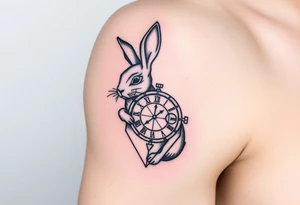 Geometrical rabbit holding a geometrical clock tattoo idea