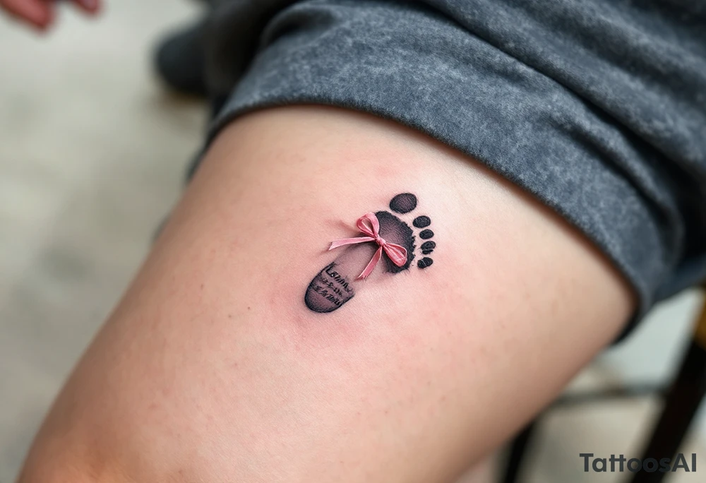 A tiny footprint in soft gray with a pink ribbon tied around it, personalized with a birthdate Lena 26. 03. 2019. tattoo idea