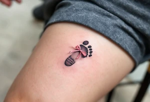 A tiny footprint in soft gray with a pink ribbon tied around it, personalized with a birthdate Lena 26. 03. 2019. tattoo idea