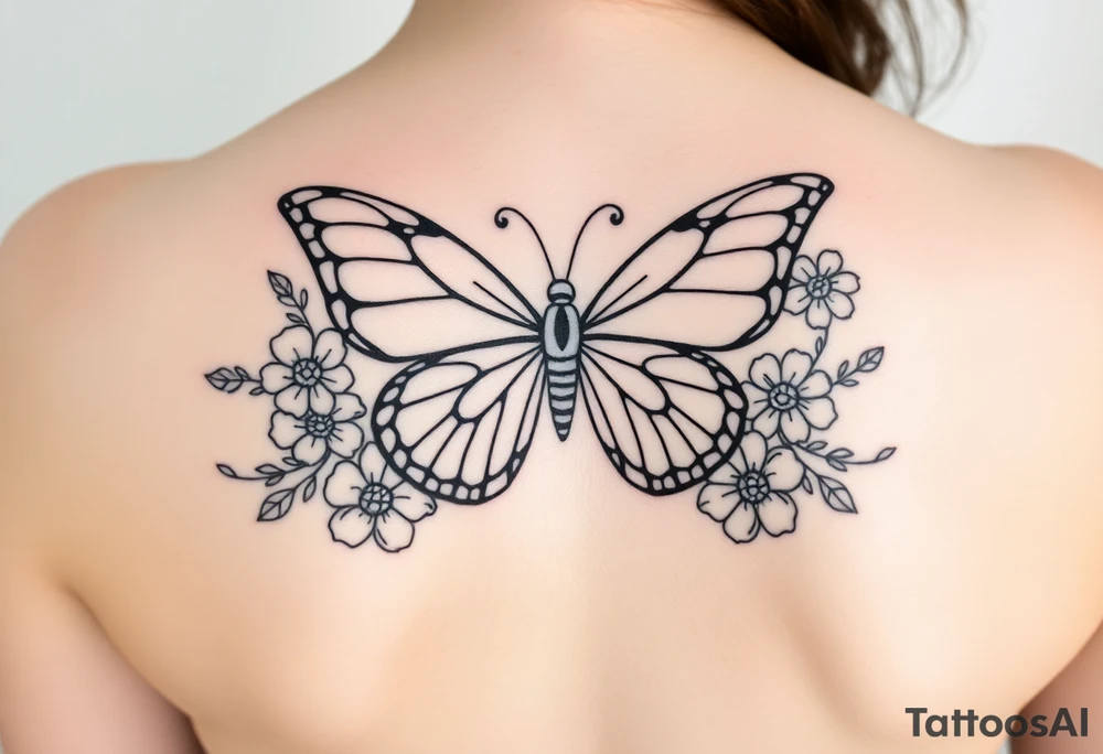 beautiful butterfly with flowers and lines around it also having the names Raiden, Shanleigh, and Waylon in it and the artwork being line work tattoo idea