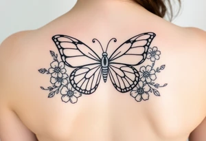 beautiful butterfly with flowers and lines around it also having the names Raiden, Shanleigh, and Waylon in it and the artwork being line work tattoo idea