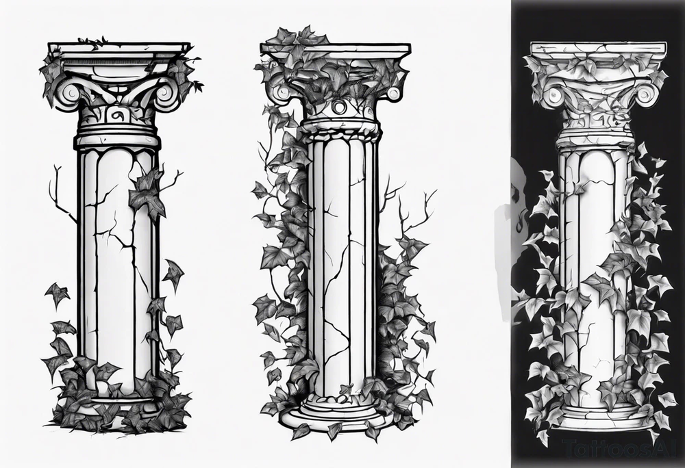 Half of a roman pillar with the word "OMNIA" inscribed on the top. It has cracks in the middle and overgrown ivy at the bottom. It is turned 20 degrees to the right. tattoo idea