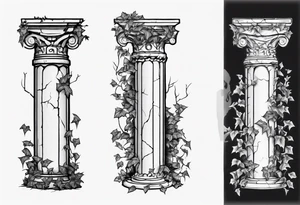 Half of a roman pillar with the word "OMNIA" inscribed on the top. It has cracks in the middle and overgrown ivy at the bottom. It is turned 20 degrees to the right. tattoo idea