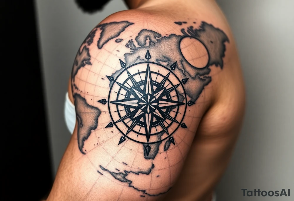 antique compass rose overlaid on weathered world map with with sun tattoo idea