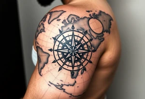 antique compass rose overlaid on weathered world map with with sun tattoo idea