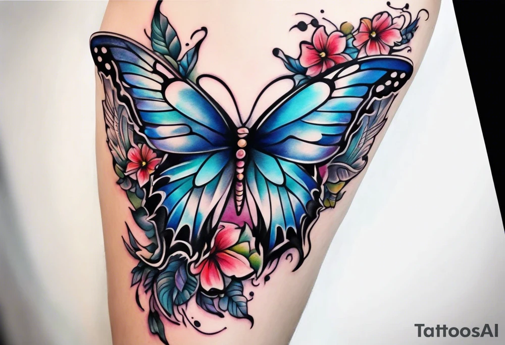 Leg sleeve Angel wing and butterfly tattoo idea