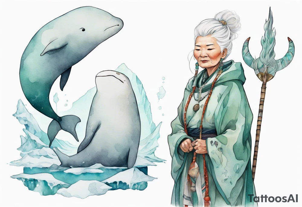 a 55-year-old Sami woman with white  hair wearing a white and mint cloak standing on an iceberg with a narwhal in the background tattoo idea