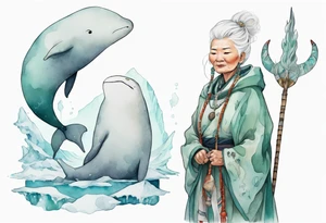 a 55-year-old Sami woman with white  hair wearing a white and mint cloak standing on an iceberg with a narwhal in the background tattoo idea