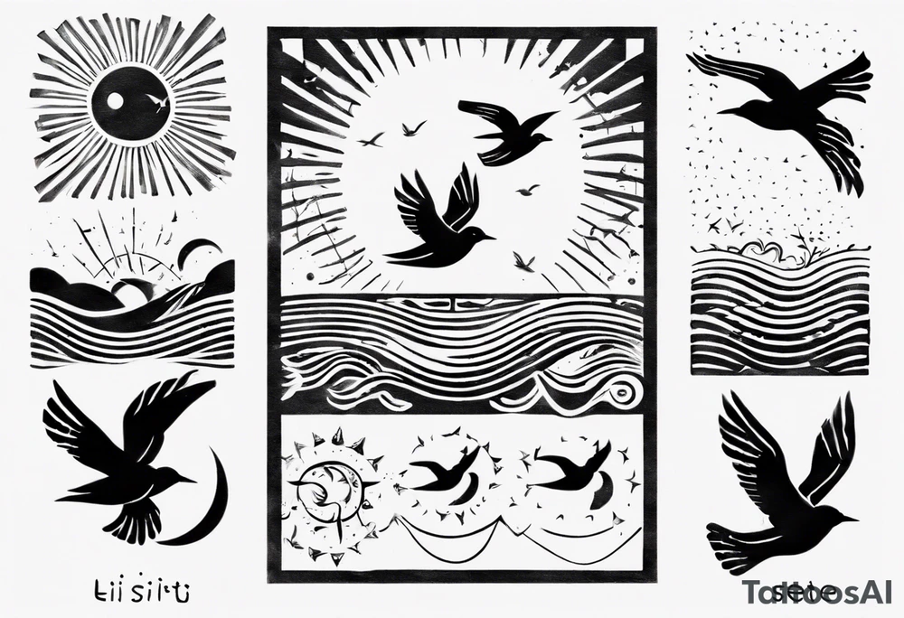 Sun over the sea with birds flying in a rectangle tattoo idea Sun over the sea with birds flying in a rectangle tattoo idea