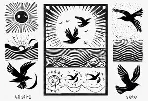 Sun over the sea with birds flying in a rectangle tattoo idea