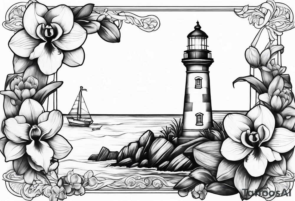 Lighthouse with an anchor and orchids tattoo idea