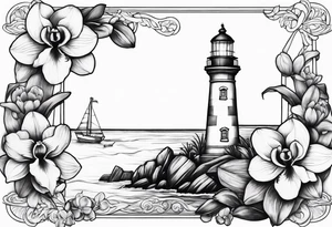 Lighthouse with an anchor and orchids tattoo idea