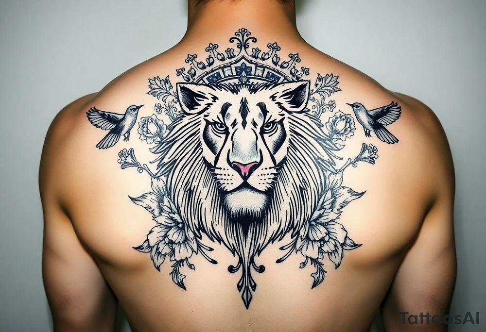 powerful majestic lion with a crown, surrounded by floral ornaments and birds tattoo idea