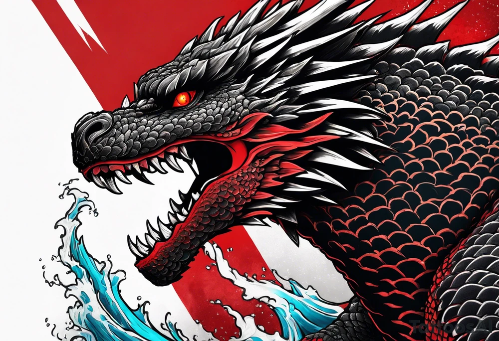 godzilla inspired dragon irezumi arm sleeve in black and red with water and lightning tattoo idea