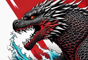 godzilla inspired dragon irezumi arm sleeve in black and red with water and lightning tattoo idea
