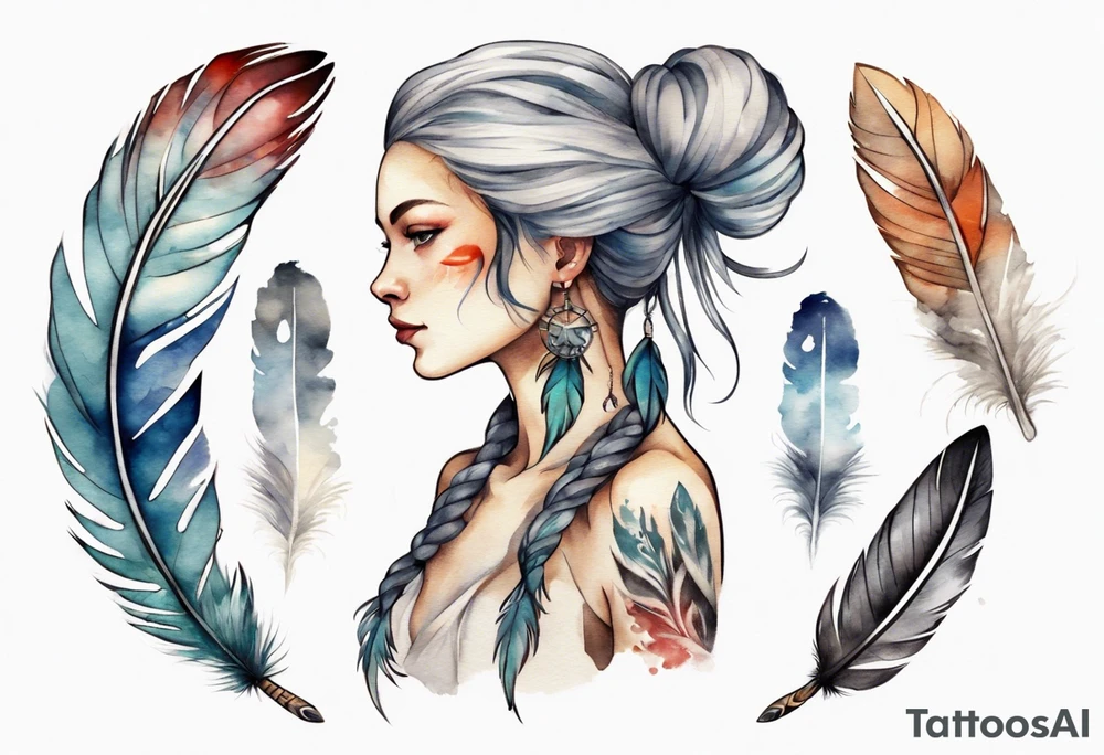 a full image Nordic woman with a single feather in her hair tattoo idea