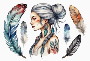 a full image Nordic woman with a single feather in her hair tattoo idea