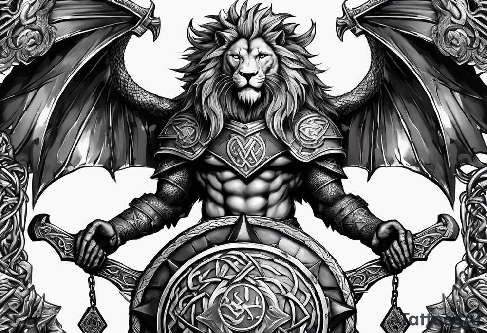 Valhalla sword shield dragon axe Valknut barbed wire chains lion tattoo idea